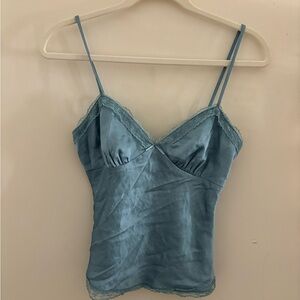 Blue Satin Camisole with Lace Trim